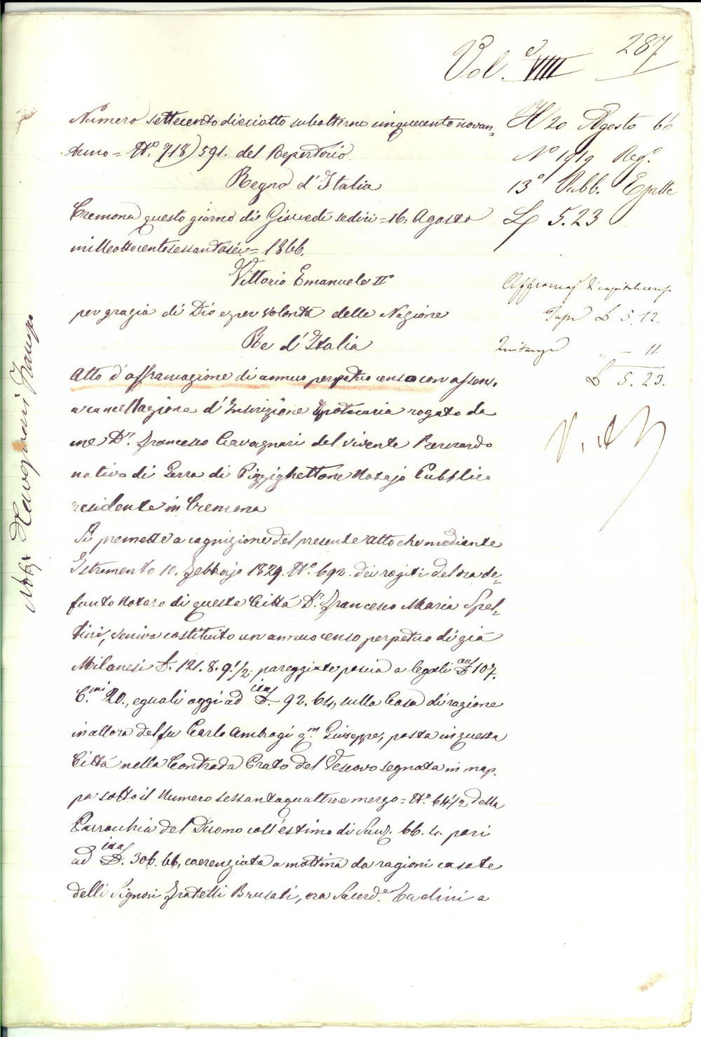 Documento originale, autentico 1866 CASTELNUOVO GHERARDI CR Affrancazione censo verso beneficio CABELLI 1