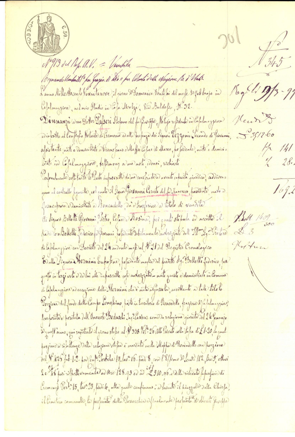 Documento originale, autentico 1899 RONCADELLO CR Giovanni CERATI vende campo LONGHINO ai fratelli BELLETTI 1