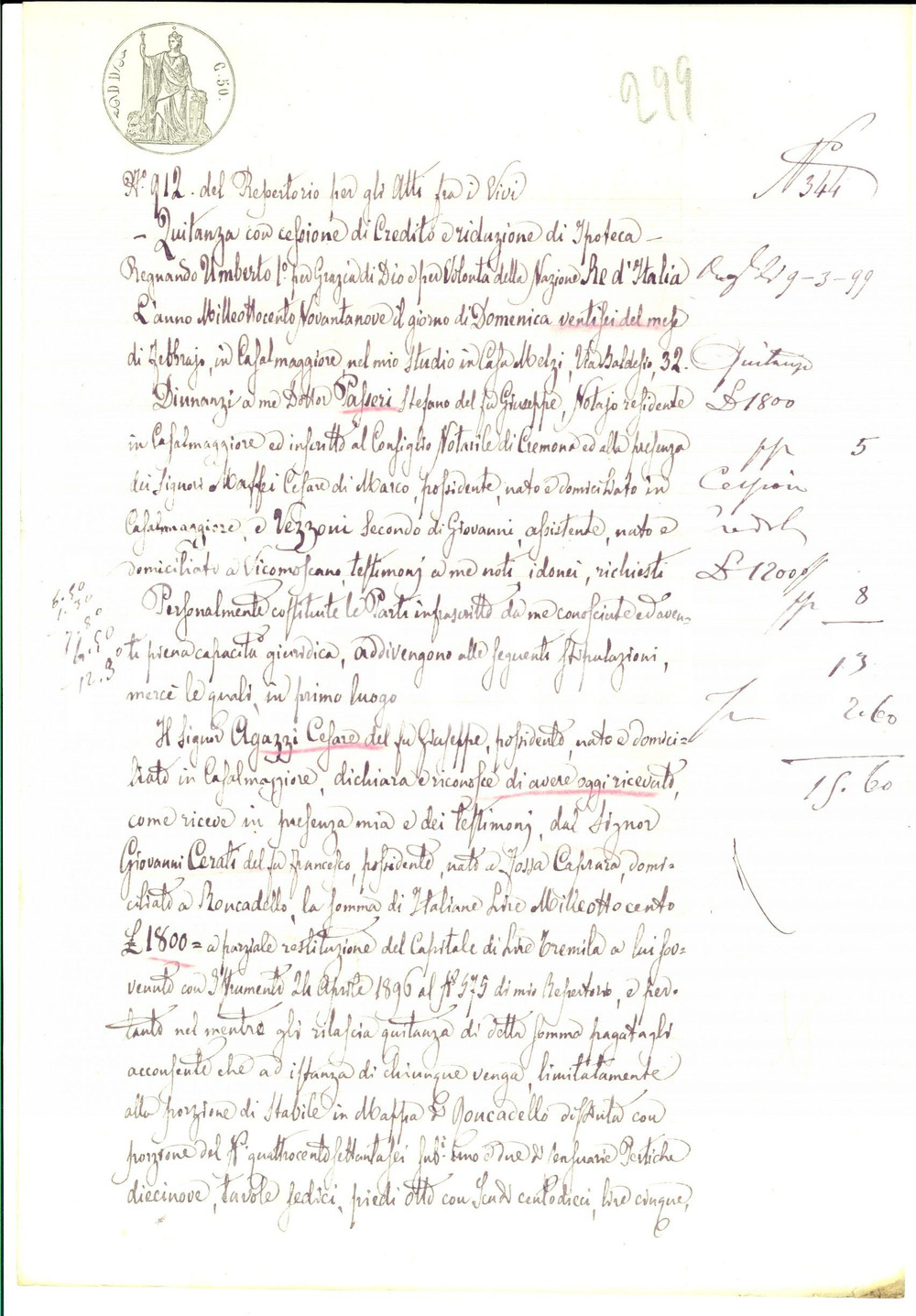 Documento originale, autentico 1899 CASALMAGGIORE CR Quietanza Cesare AGAZZI a Giovanni CERATI Manoscritto 1