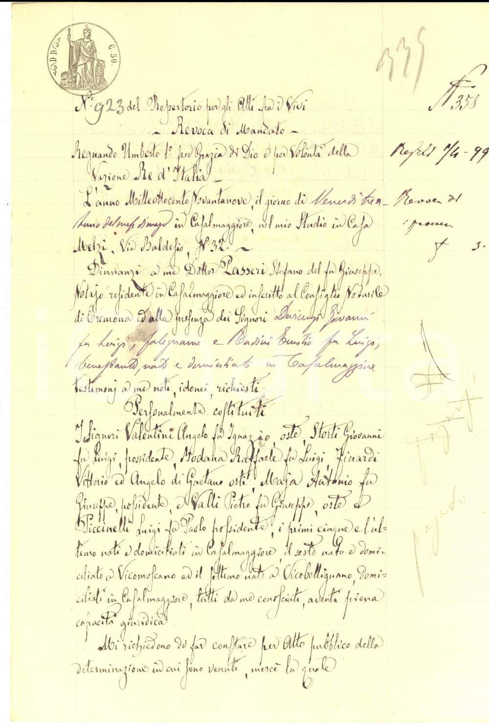 Documento originale, autentico 1899 CASALMAGGIORE Revoca mandato VALENTINI  STORTI a Pietro BELLETTI 1