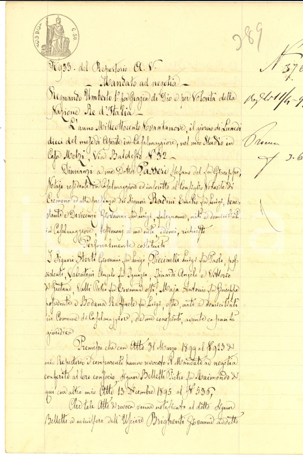 Documento originale, autentico 1899 CASALMAGGIORE CR Mandato ad negotia per Raffaele BODANA Manoscritto 1