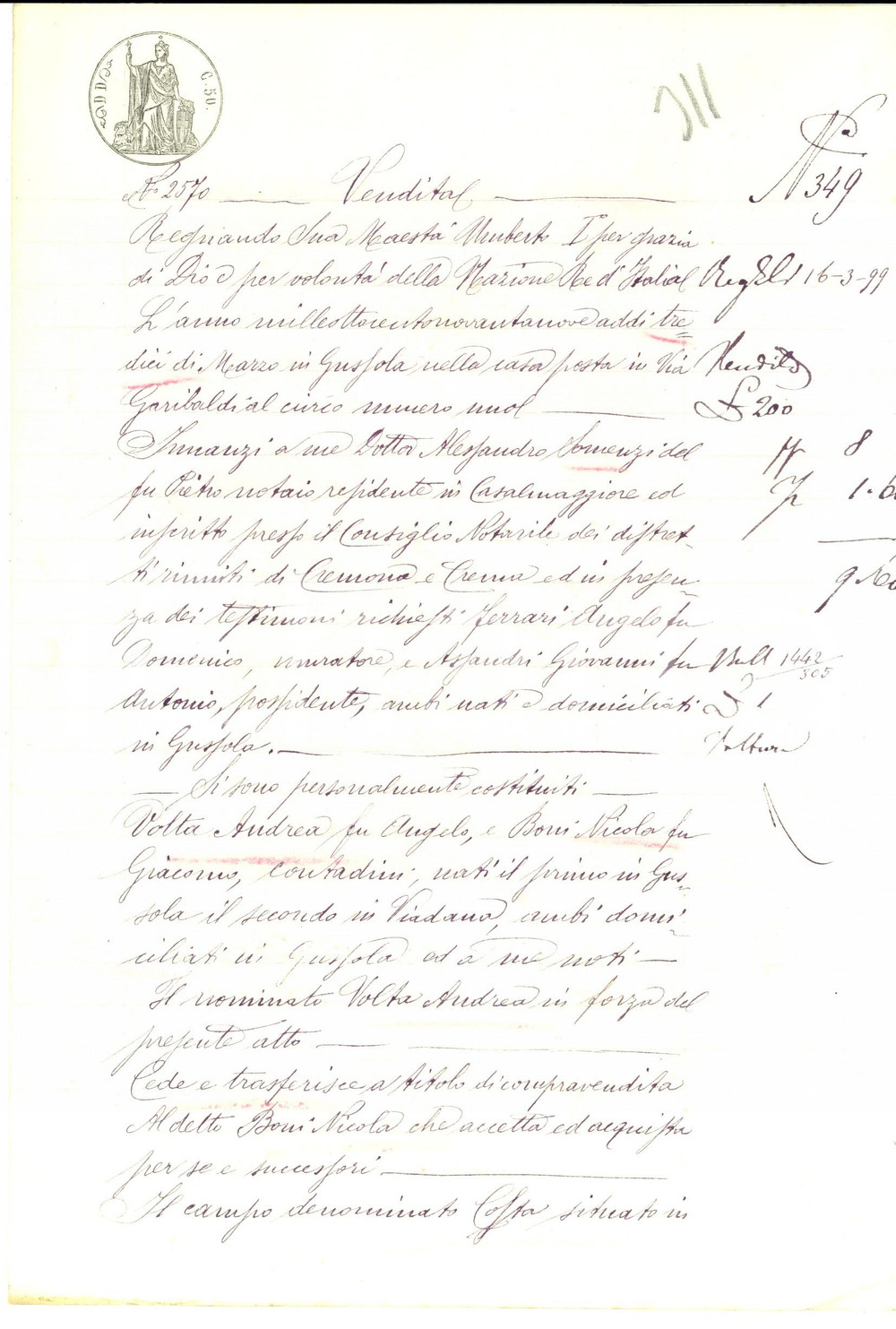 Documento originale, autentico 1899 GUSSOLA CR Andrea VOLTA vende campo COSTA a Nicola BONI Manoscritto 1