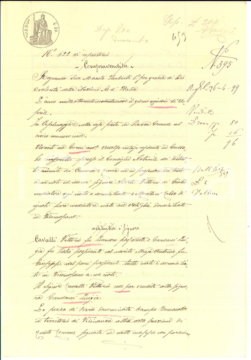 Documento originale, autentico 1899 VICINANZA CR Vittorio CAVALLI vende campo TOMACOLDO a Luigia GARDANI 1