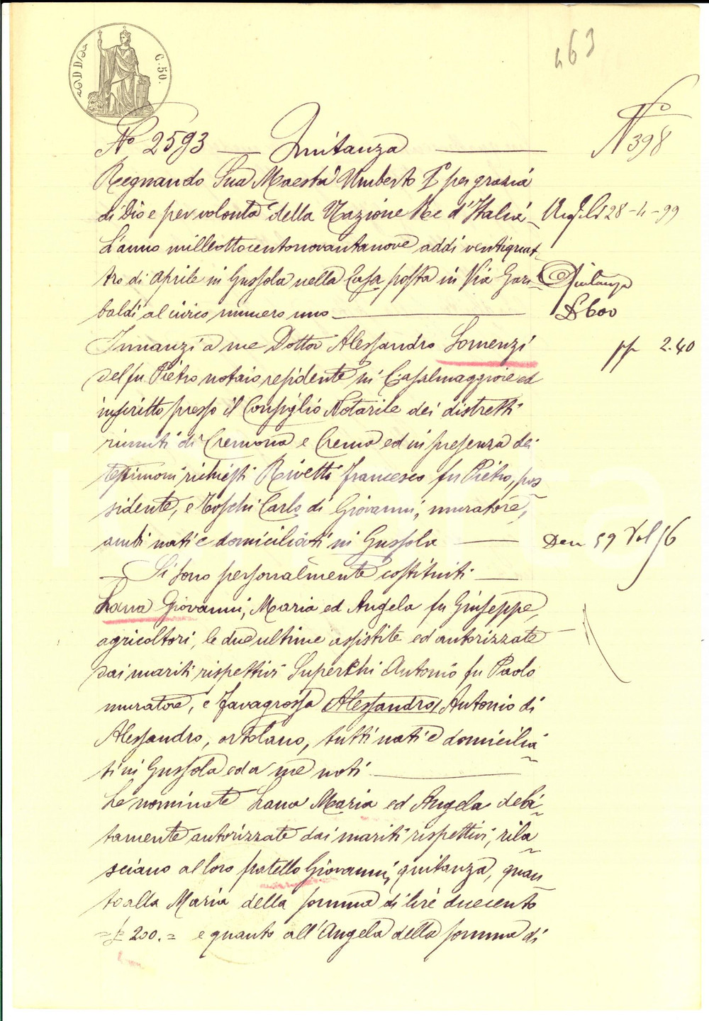 Documento originale, autentico 1899 GUSSOLA CR Saldo debito Giovanni LANA verso le sorelle Maria e Angela 1