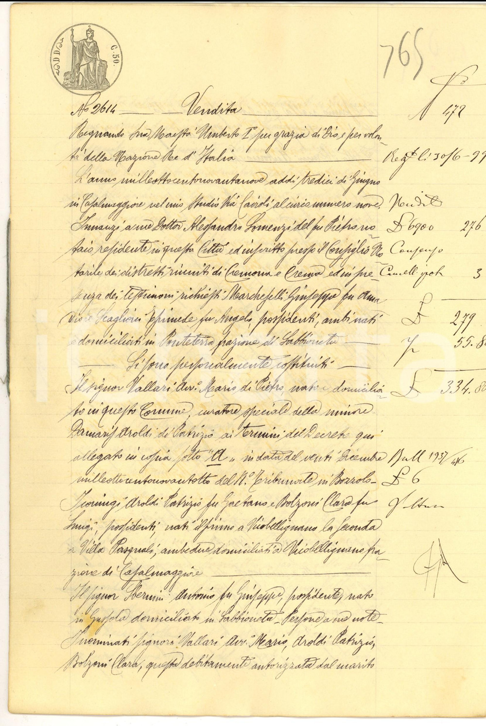 Documento originale, autentico 1899 PONTETERRA MN Mario VALLARI vende fondo con casa ad Antonio SBERNINI 1