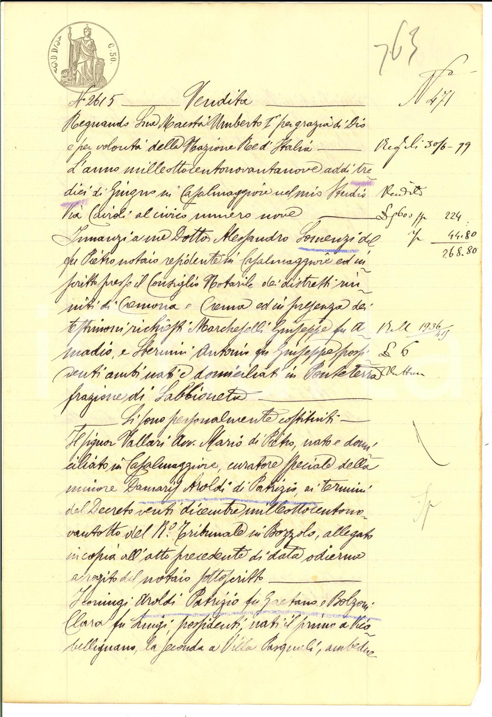 Documento originale, autentico 1899 PONTETERRA MN Mario VALLARI vende campo BREDE a Emilia VEZZONI 1