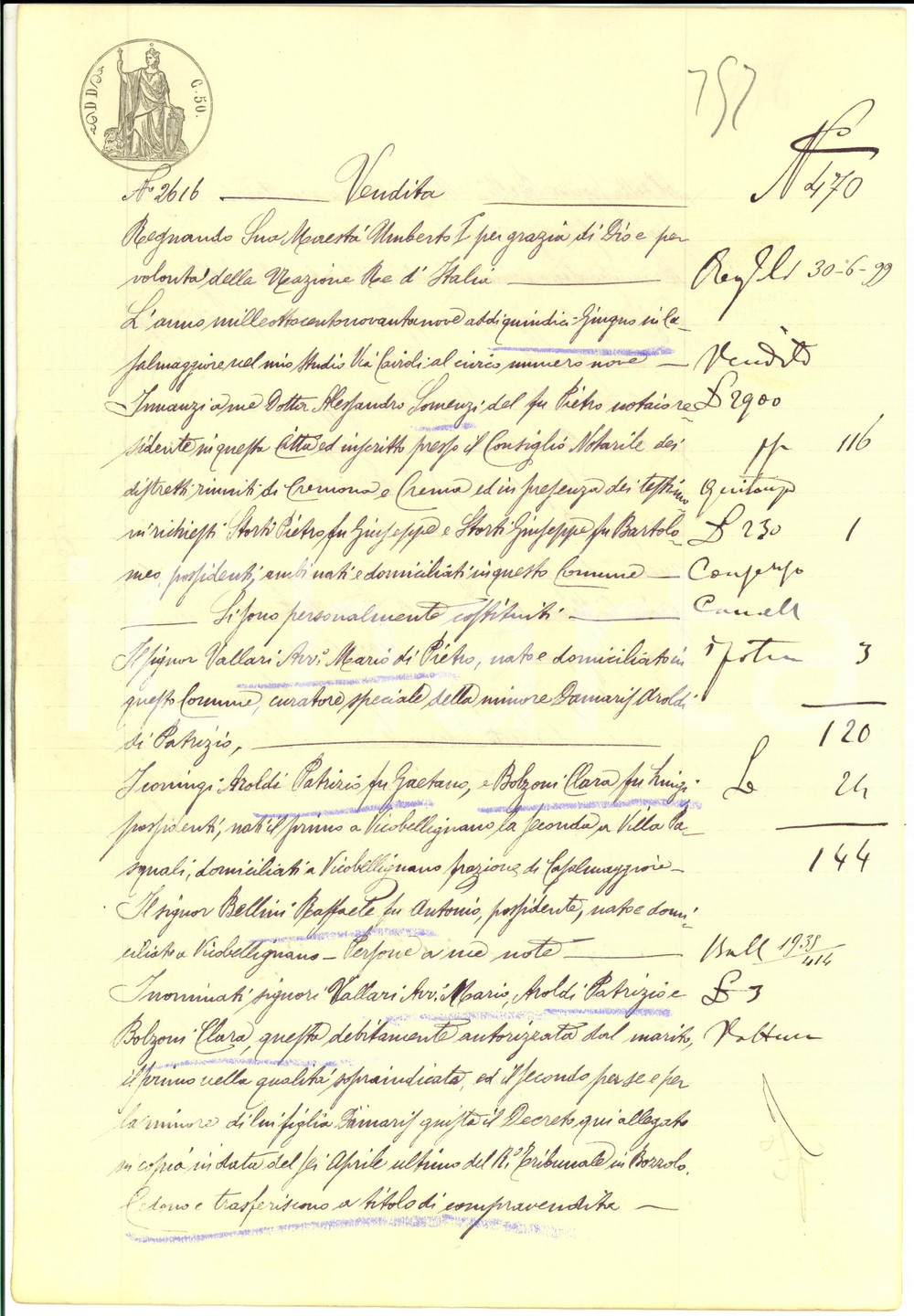 Documento originale, autentico 1899 PONTETERRA MN Mario VALLARI e Patrizio AROLDI vendono campo GALLINA 1