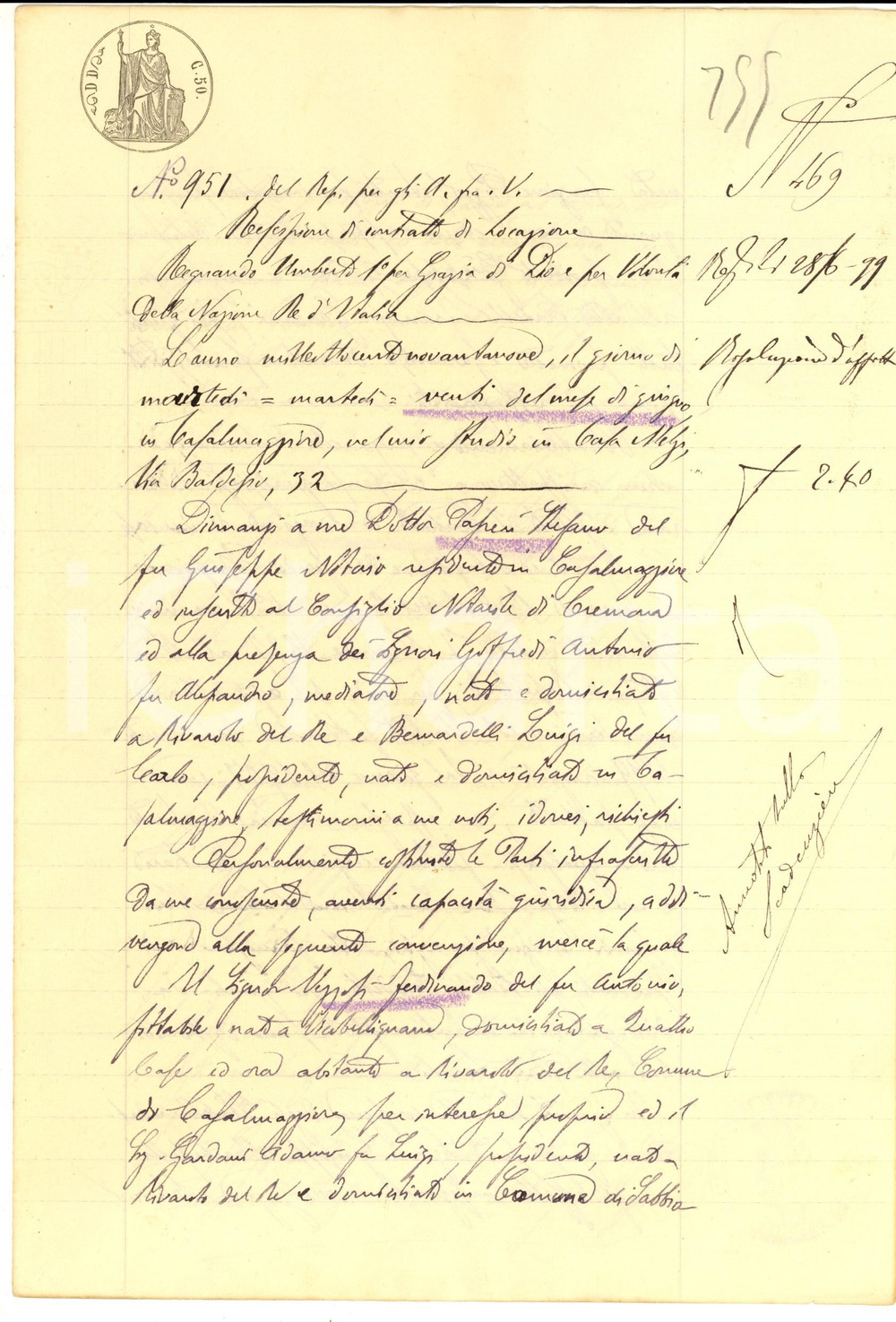 Documento originale, autentico 1899 RIVAROLO DEL RE Rescissione locazione per case di Giuseppe GARDANI 1