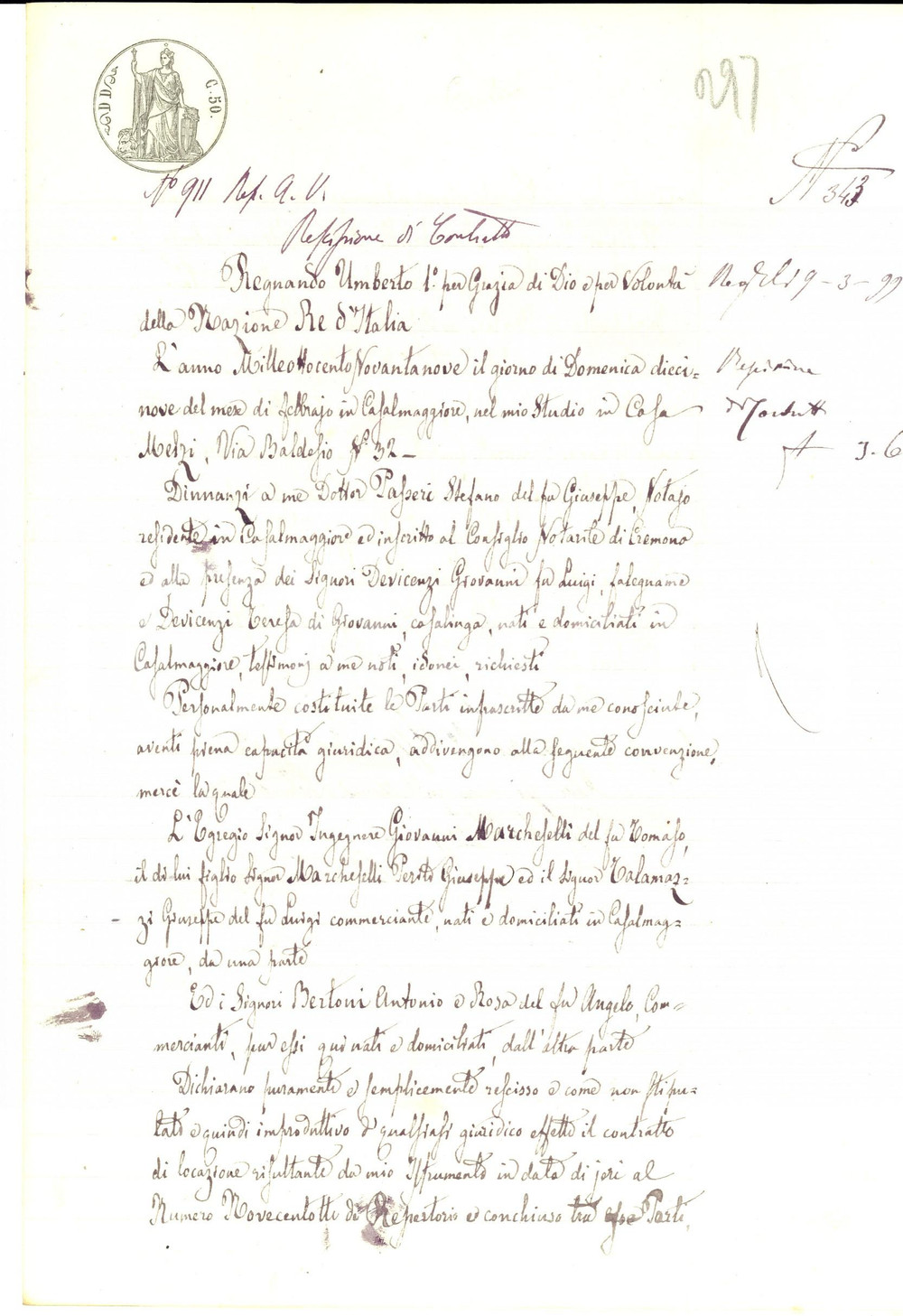 Documento originale, autentico 1899 CASALMAGGIORE Rescissione contratto Giovanni MARCHESELLI e Antonio BERTONI 1