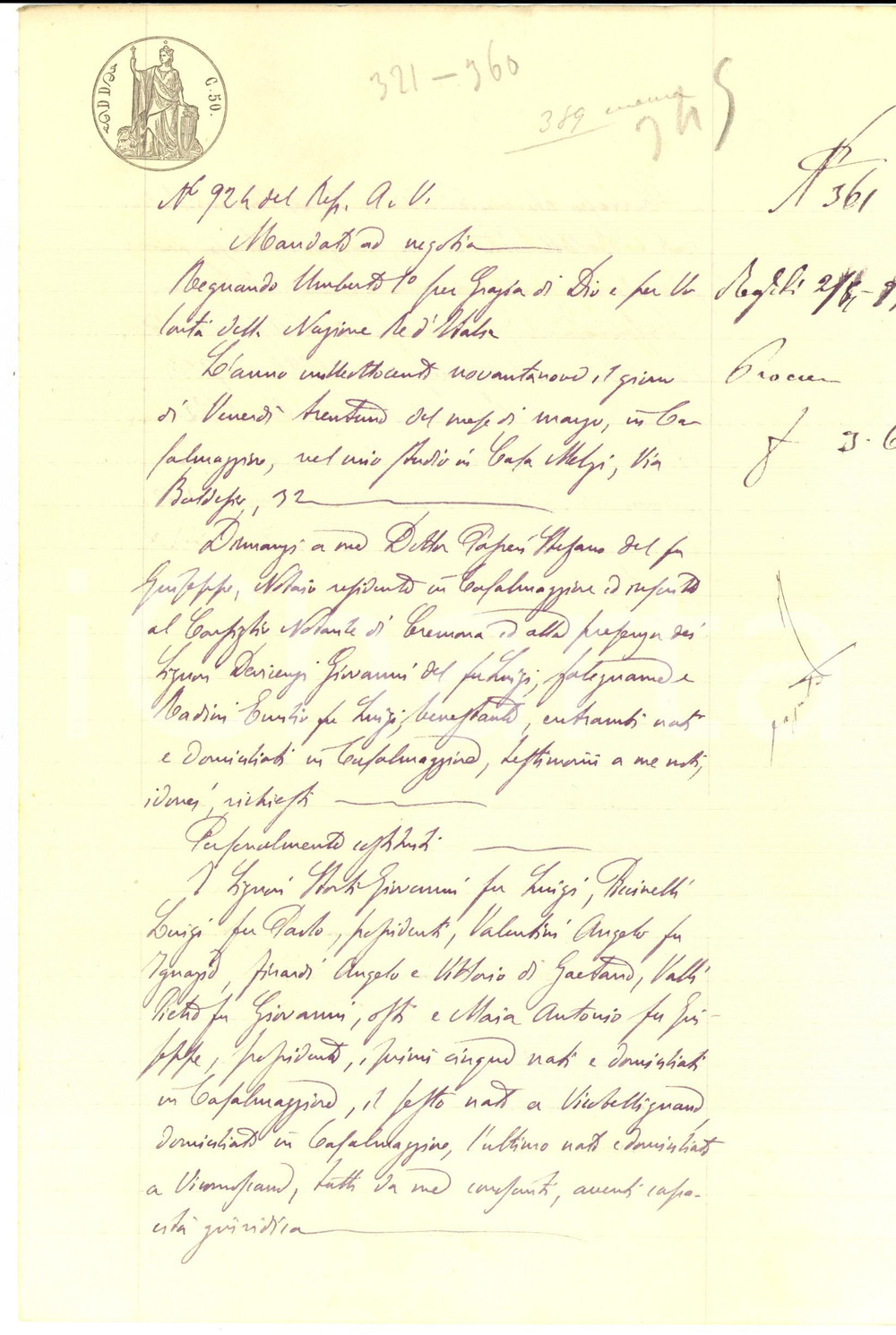 Documento originale, autentico 1899 CASALMAGGIORE Mandato ad negotia STORTI  PICINELLI pro Pietro BELLETTI 1