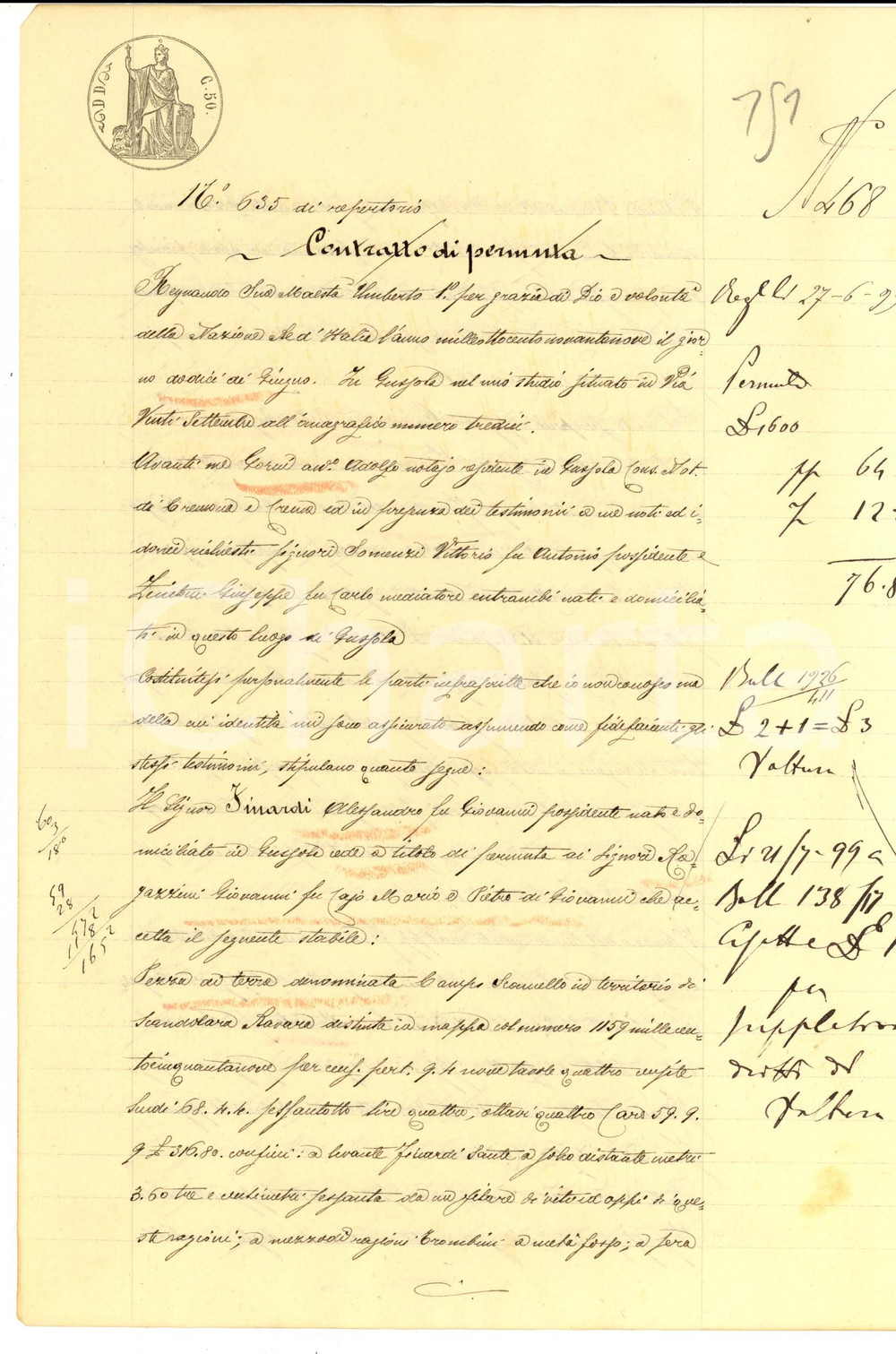 Documento originale, autentico 1899 SCANDOLARA RAVARA Contratto di permuta campo di Alessandro FINARDI 1
