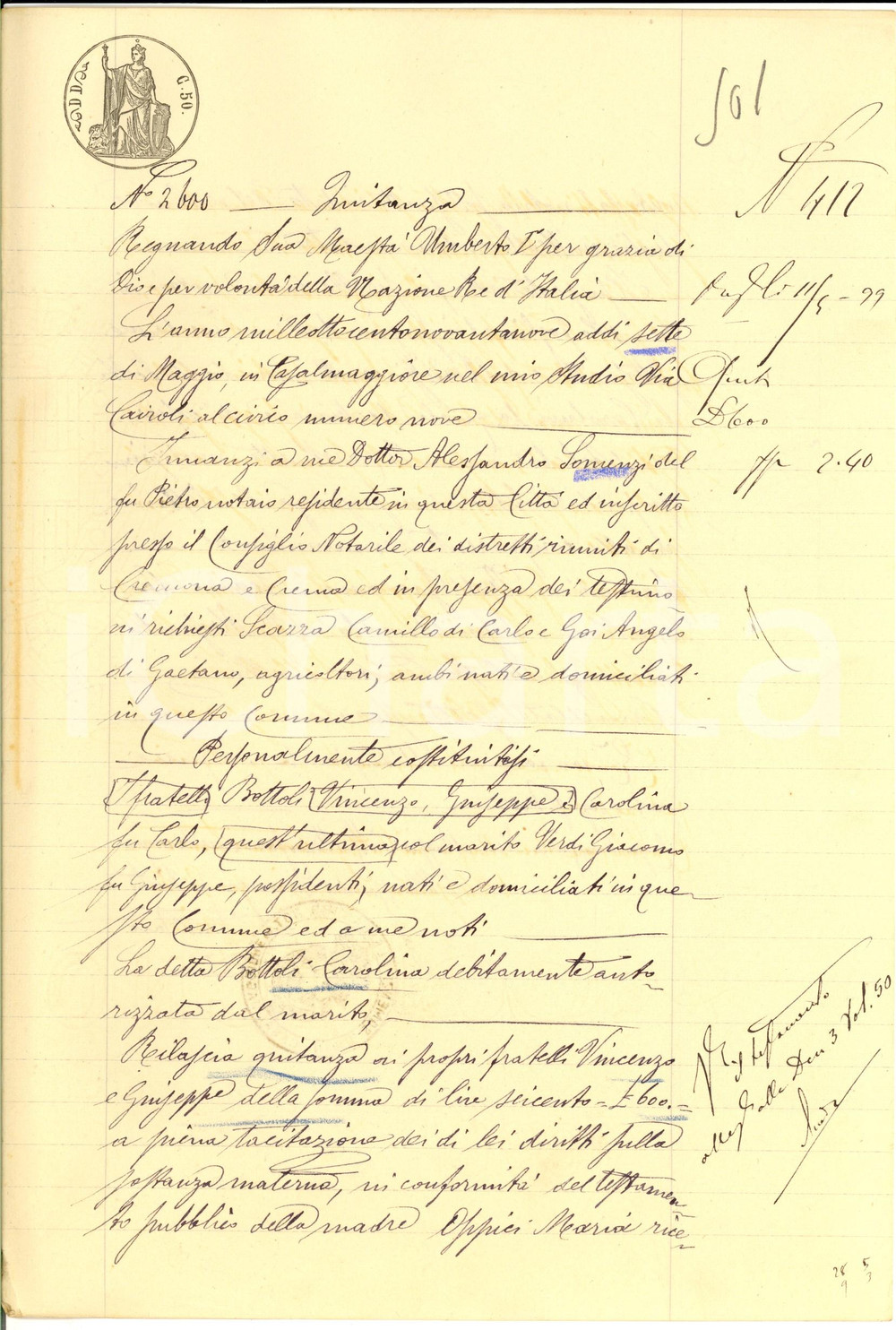 Documento originale, autentico 1899 CASALMAGGIORE CR Quietanza Carolina BOTTOLI ai fratelli Manoscritto 1
