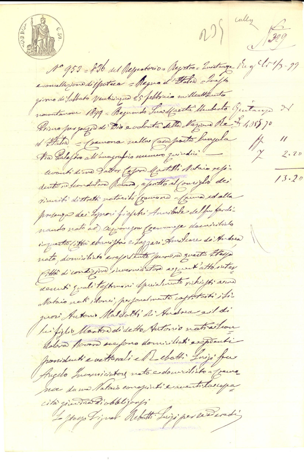 Documento originale, autentico 1899 CREMONA Quietanza Luigi REBOTTI ad Antonio MALDOTTI Manoscritto 1