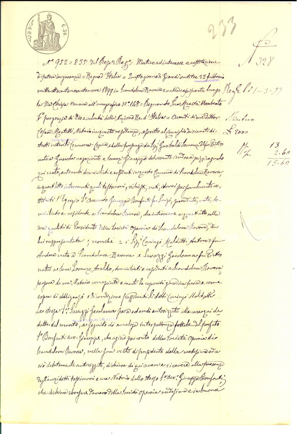 Documento originale, autentico 1899 SCANDOLARA RAVARA Contratto di prestito SocietÃ  Operaia e Gerolama SAVAZZI 1