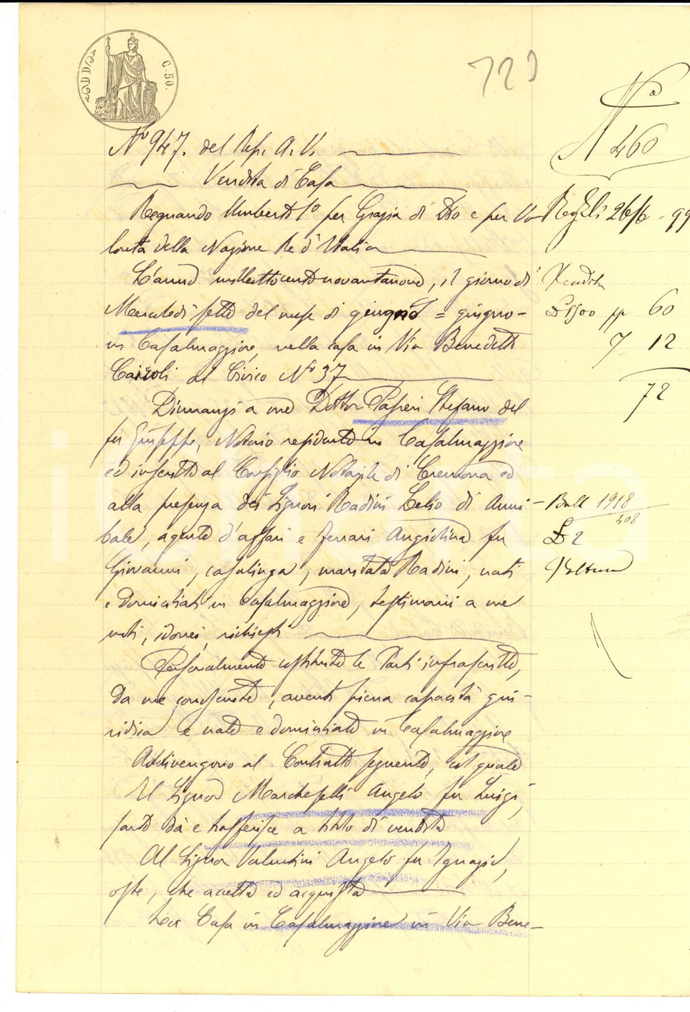 Documento originale, autentico 1899 CASALMAGGIORE CR Angelo MARCHESELLI vende casa ad Angelo VALENTINI 1