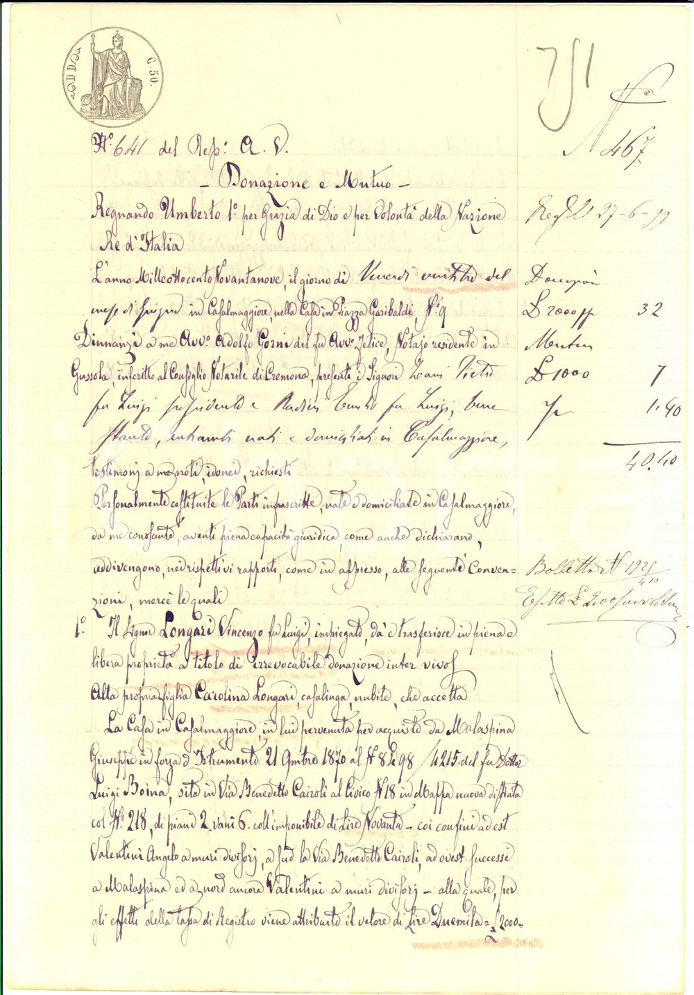 Documento originale, autentico 1899 CASALMAGGIORE CR Vincenzo LONGARI dona casa alla figlia Carolina 1