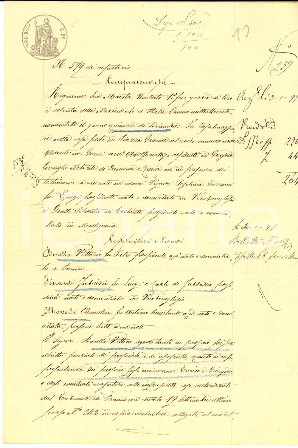 Documento originale, autentico 1898 CASALMAGGIORE CR Vittorio BORELLA vende casa a Clementina MORESCHI 1