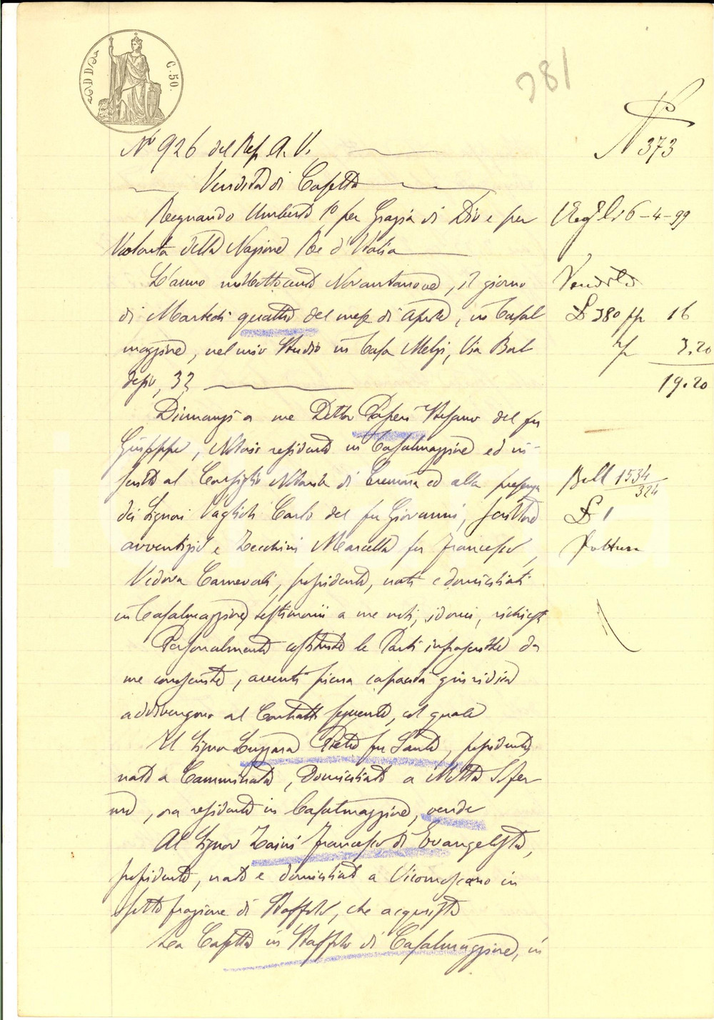 Documento originale, autentico 1899 CASALMAGGIORE Pietro LUZZARA vende casetta a Francesco ZAINI Manoscritto 1