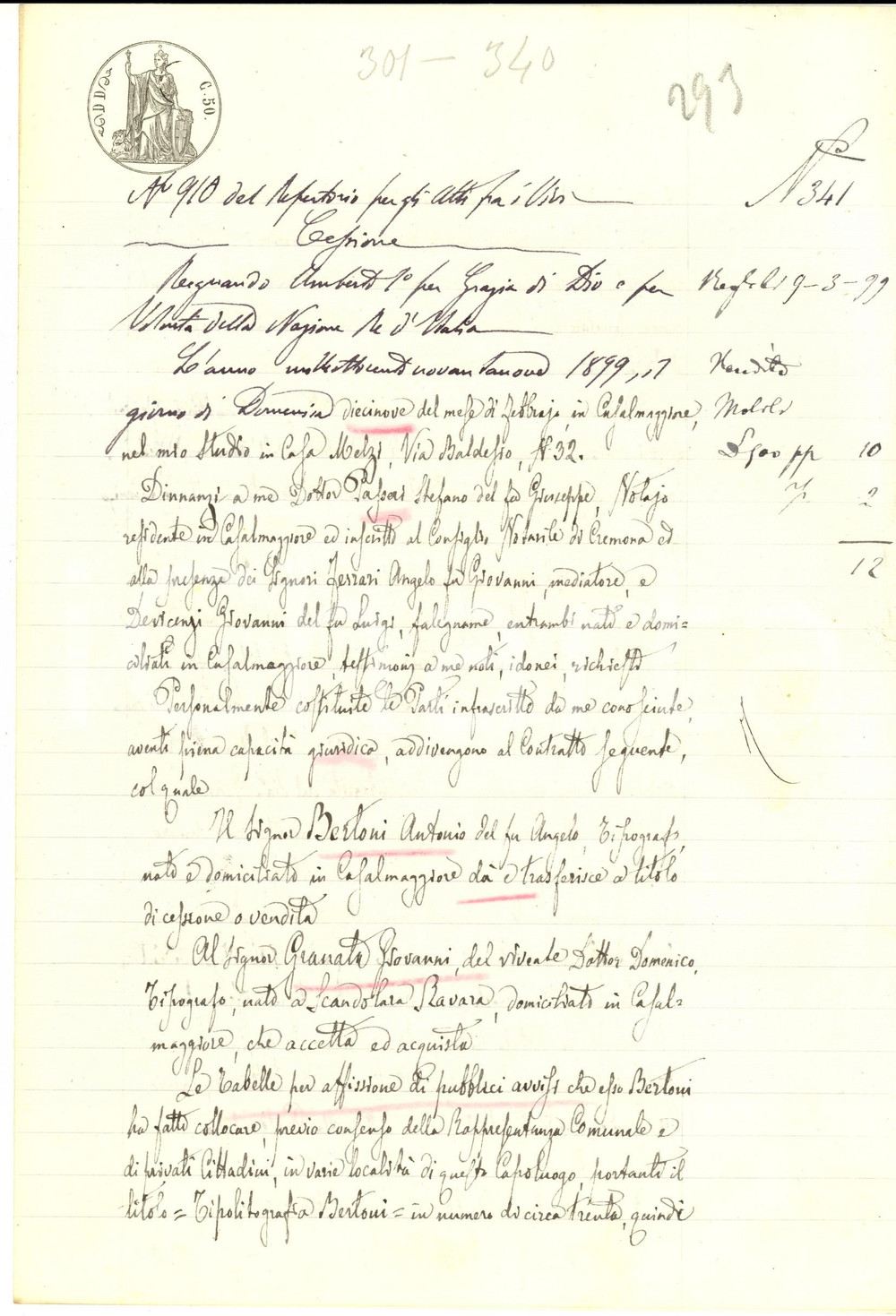 Documento originale, autentico 1899 CASALMAGGIORE Antonio BERTONI cede tabelle affissione a Giovanni GRANATA 1