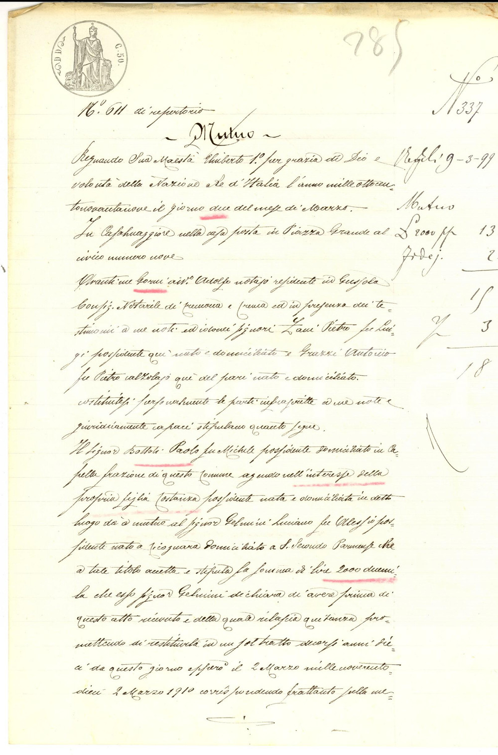 Documento originale, autentico 1899 CASALMAGGIORE Contratto mutuo tra Paolo BOTTOLI e Luciano GELMINI 1