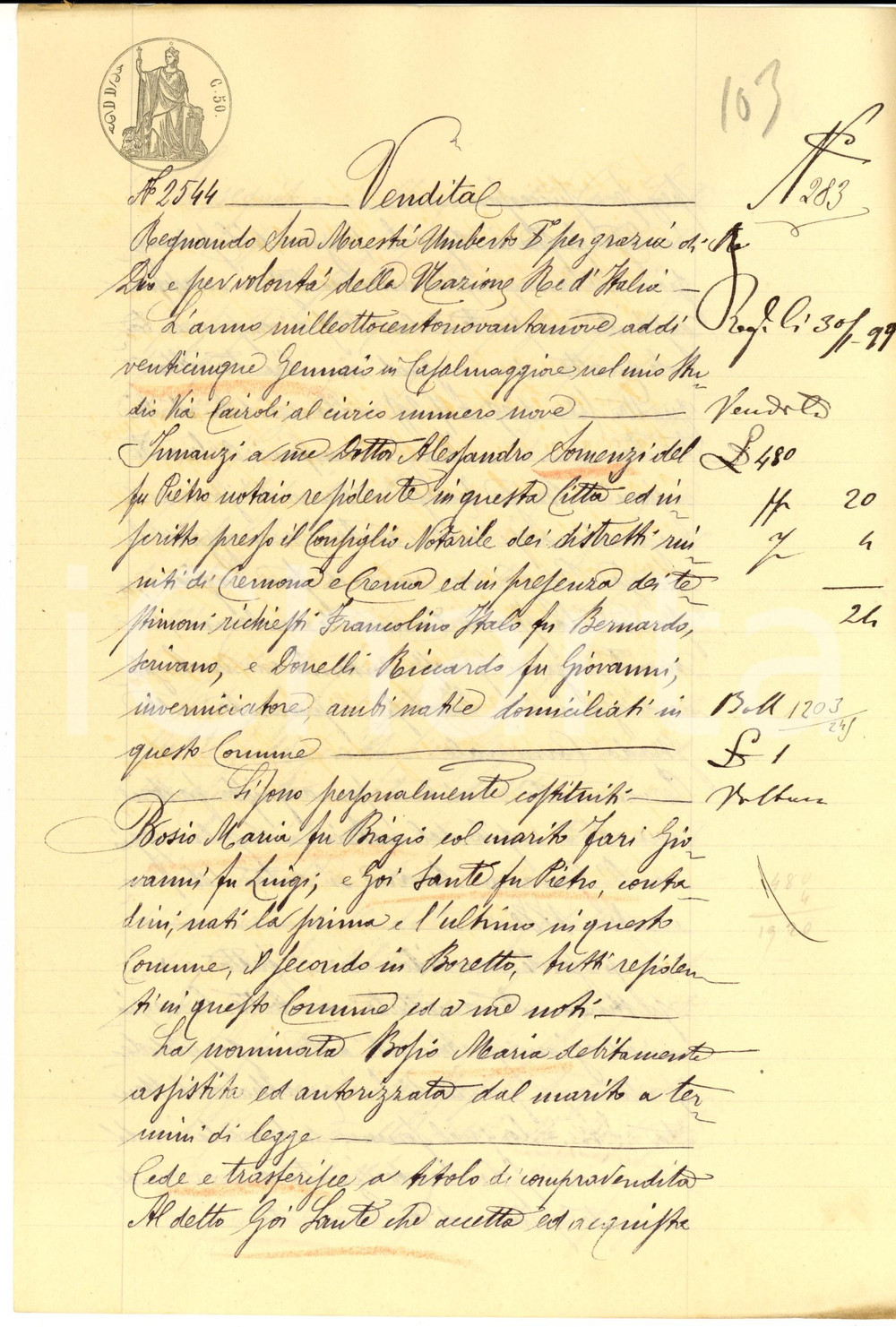1899 AGOIOLO (CR) Maria BOSIO vende casa a Sante GOI *Manoscritto