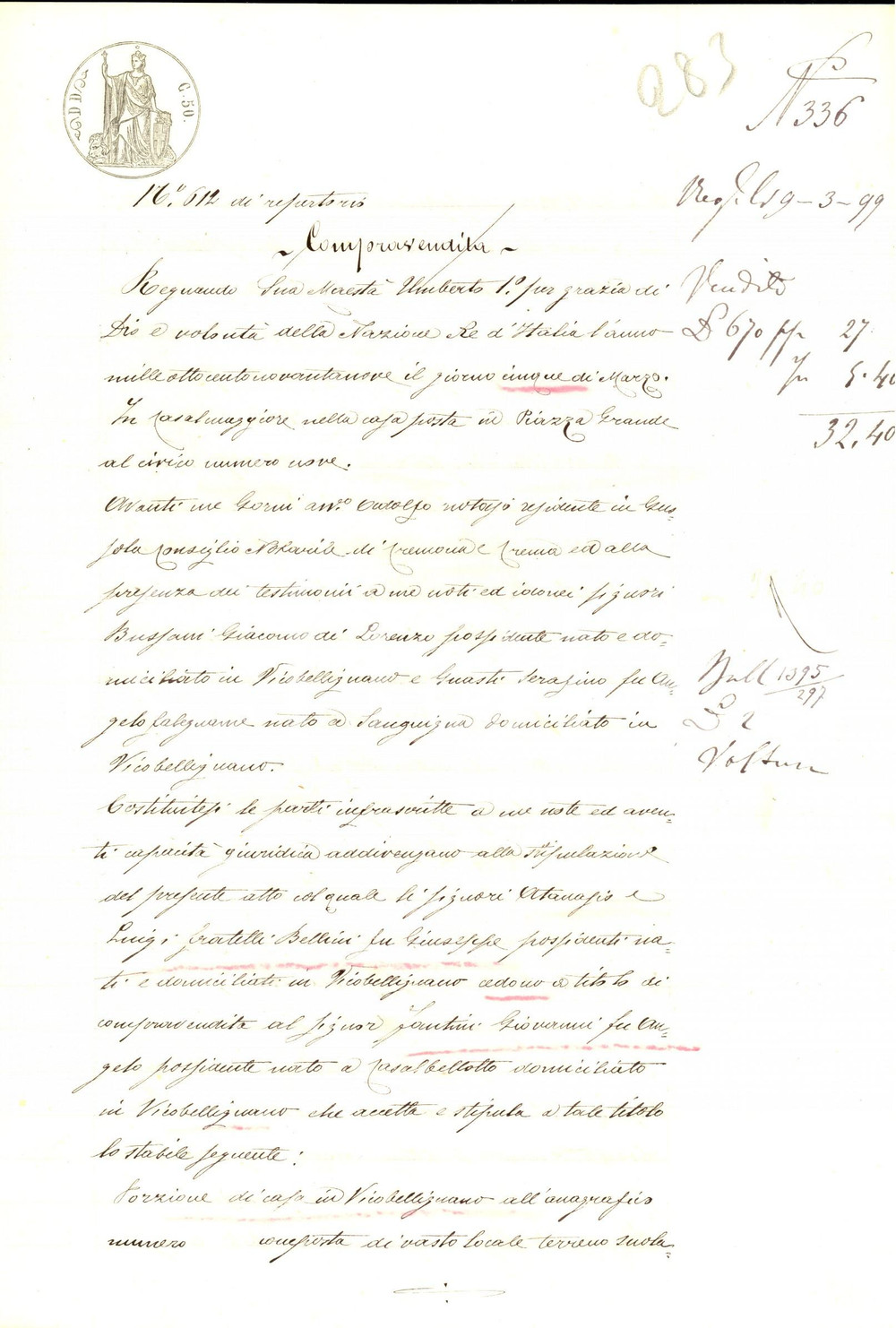Documento originale, autentico 1899 VICOBELLIGNANO Attanasio e Luigi BELLINI vendono casa a Giovanni FANTINI 1