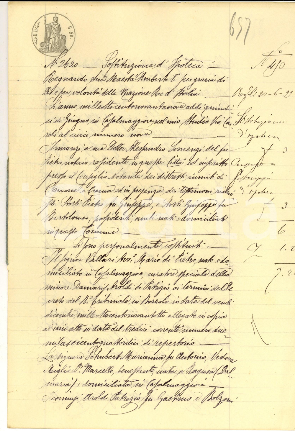 Documento originale, autentico 1899 CASALMAGGIORE Sostituzione ipoteca atto Marianna SCHUBERT  Mario VALLARI 1