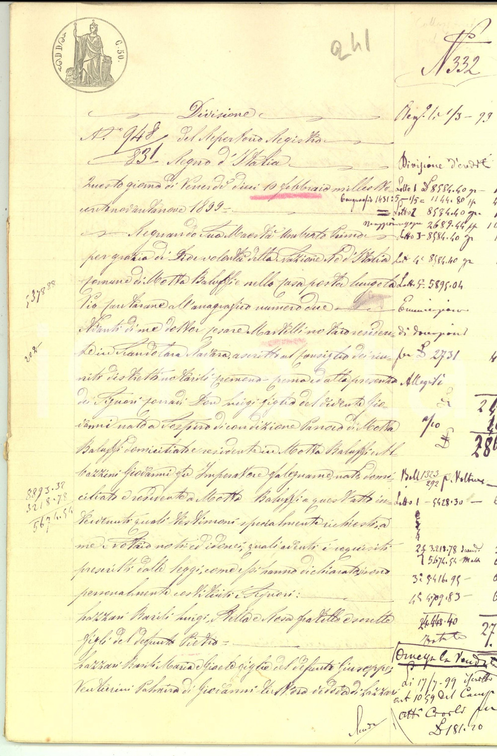 Documento originale, autentico 1899 MOTTA BALUFFI CR Divisione ereditaria tra figli di Pietro LAZZARI 60 pp. 1