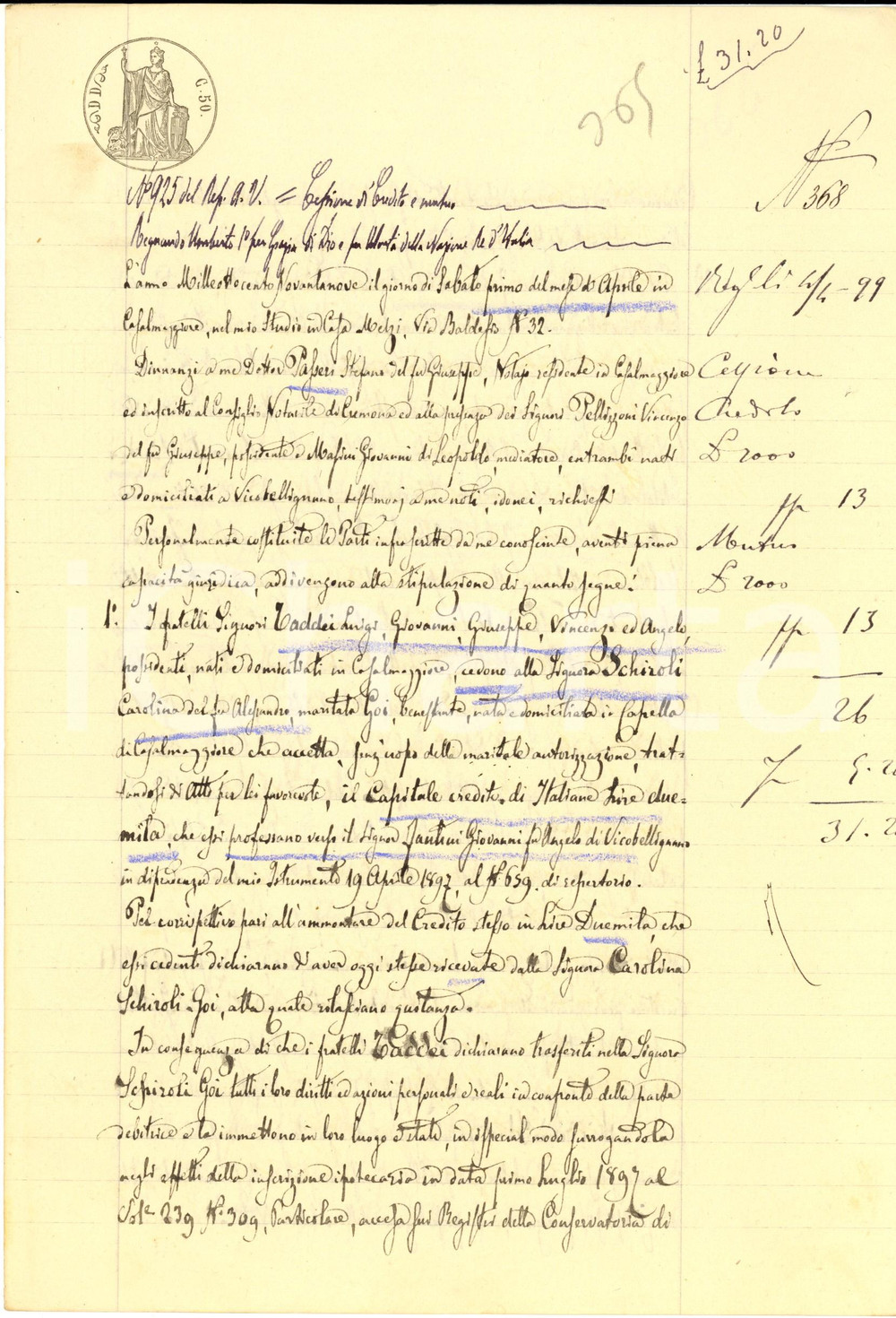 Documento originale, autentico 1899 CASALMAGGIORE CR Cessione crediti tra fratelli TADDEI e Carolina SCHIROLI 1