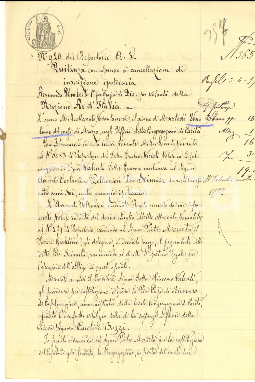 Documento originale, autentico 1899 CASALMAGGIORE Quietanza Congregazione di Carità pro Costantino POLTRONIERI 1