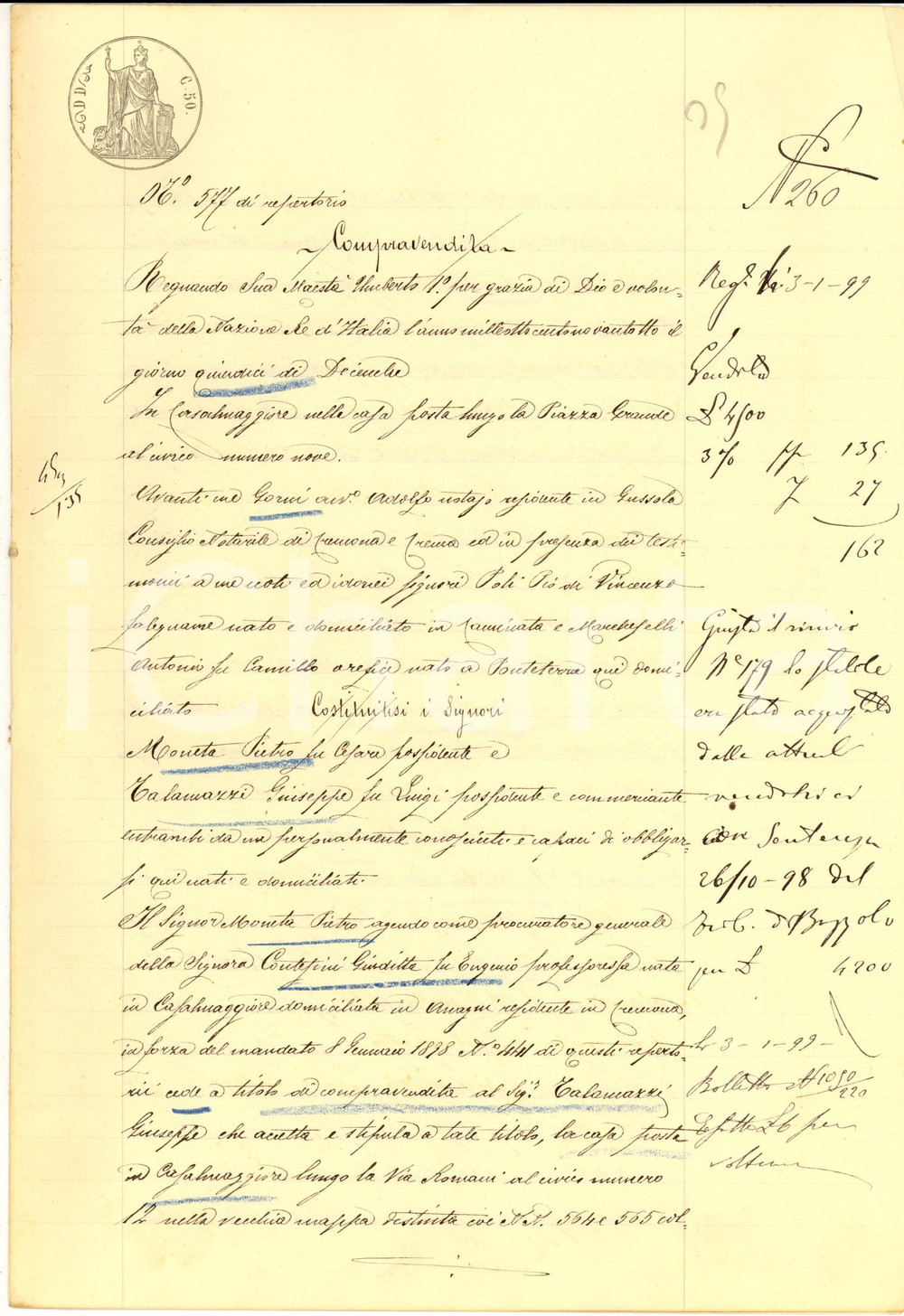 Documento originale, autentico 1898 CASALMAGGIORE Pietro MONETA vende casa in via ROMANI a Giuseppe TALAMAZZI 1