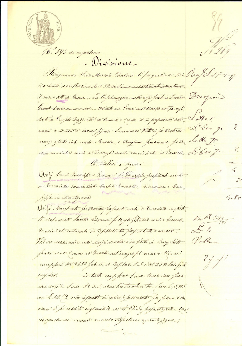 Documento originale, autentico 1899 BORGOLIETO MN Divisione Carlo e Giuseppe ARISI per casa ereditata 1
