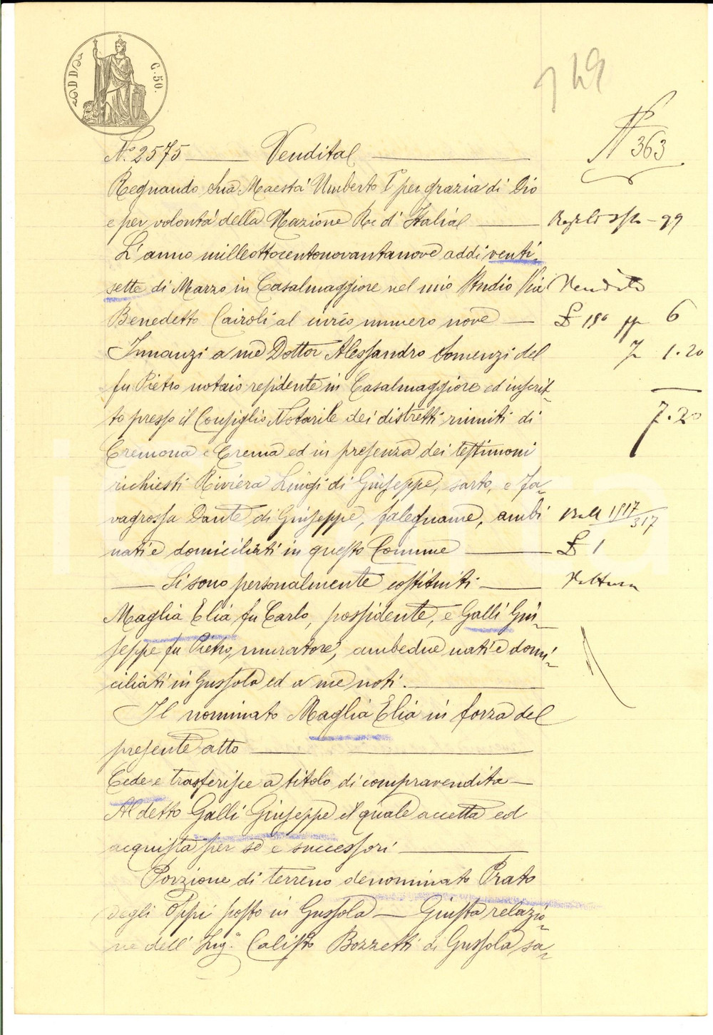 Documento originale, autentico 1899 GUSSOLA CR Elia MAGLIA vende Prato degli OPPI a Giuseppe GALLI 1