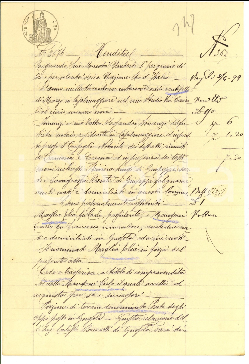 Documento originale, autentico 1899 GUSSOLA CR Elia MAGLIA vende Prato degli OPPI a Carlo MANGONI 1