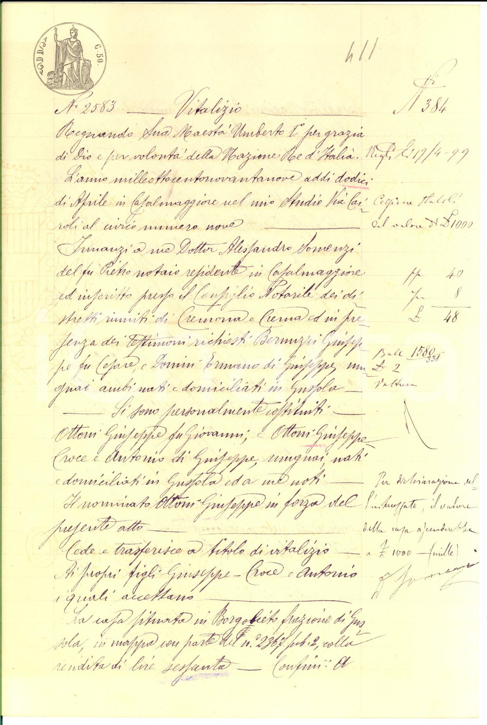 Documento originale, autentico 1899 BORGOLIETO/ GUSSOLA CR Giuseppe OTTONI cede casa in vitalizio ai figli 1