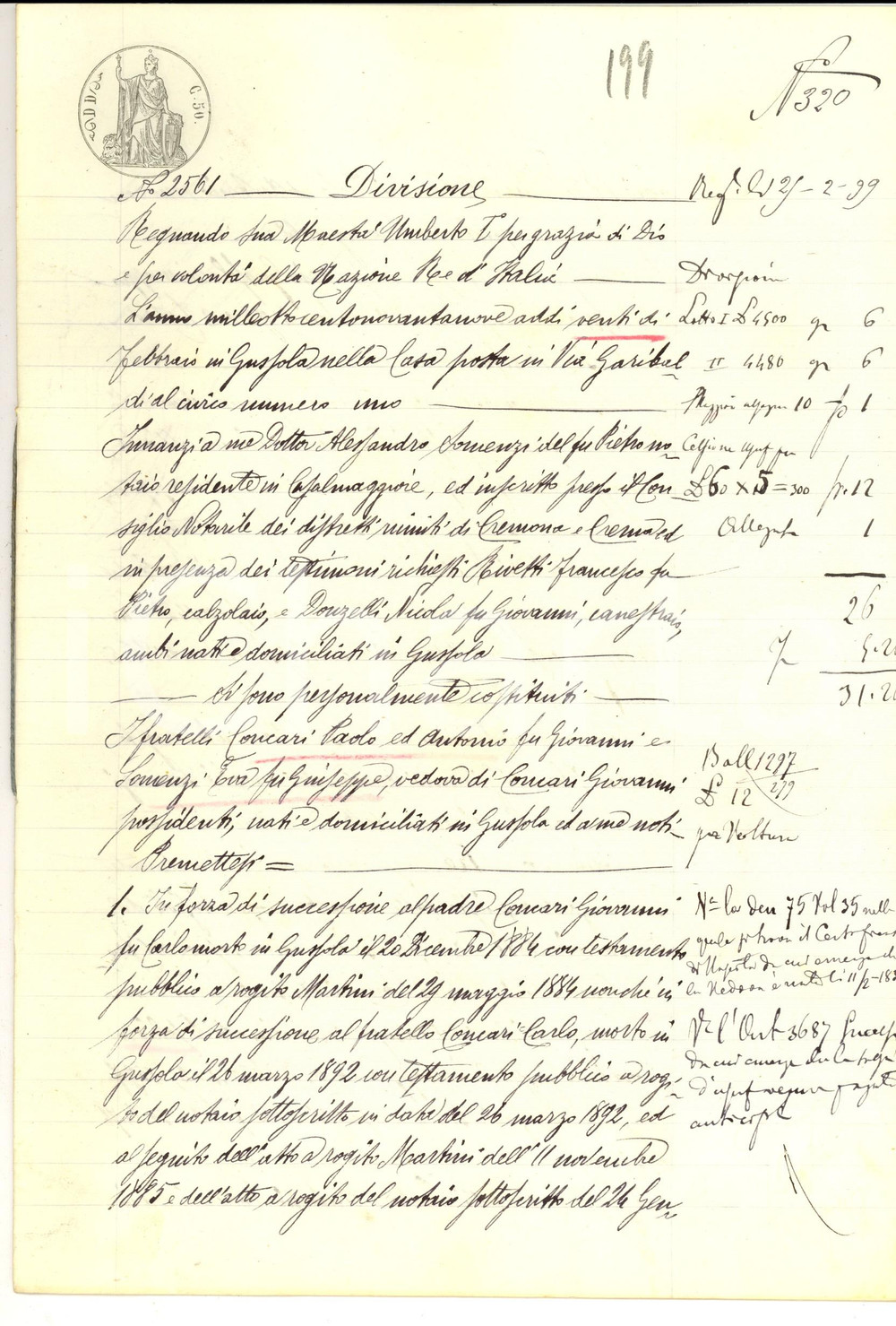 Documento originale, autentico 1899 GUSSOLA CR Divisione ereditaria defunto Gioavnni CONCARI Manoscritto 1
