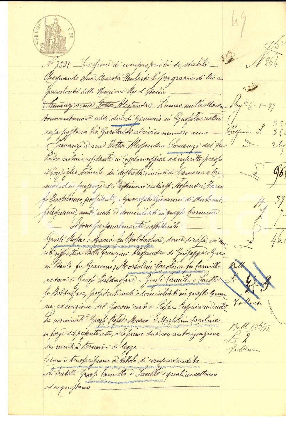 Documento originale, autentico 1899 GUSSOLA Sorelle GROSSI vendono casa e campo ai fratelli Camillo e Saulle 1