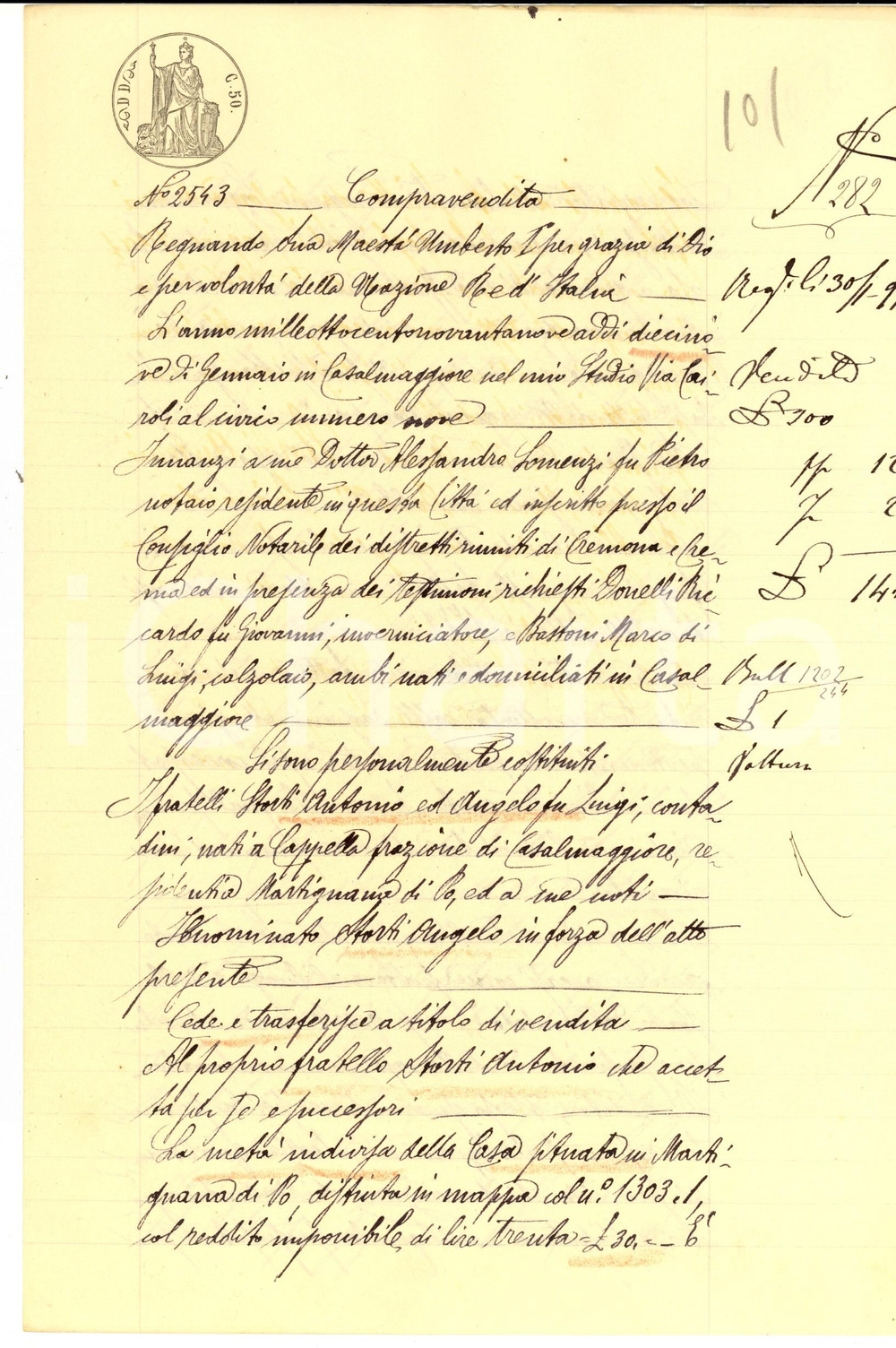 Documento originale, autentico 1899 MARTIGNANA DI PO CR Angelo STORTI vende metÃ  casa al fratello Antonio 1