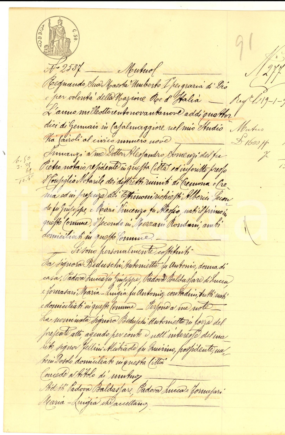 Documento originale, autentico 1899 CASALMAGGIORE Prestito di Antonietta BEDUSCHI a Lucca e Baldassarre PADOVA 1