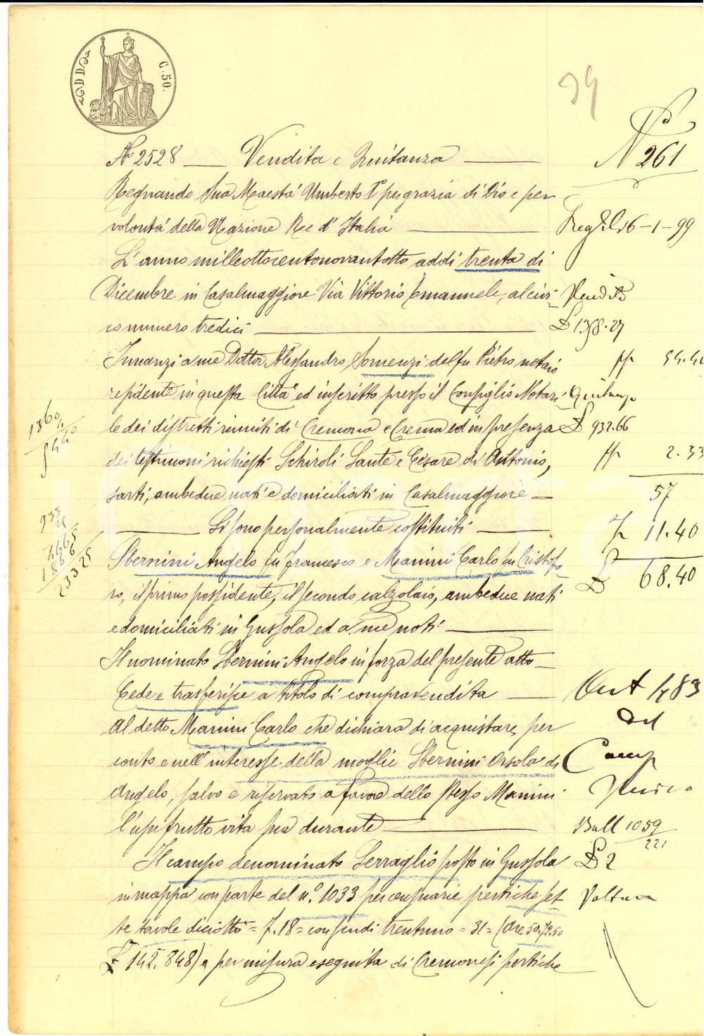 Documento originale, autentico 1898 GUSSOLA CR Angelo BERNINI vende campo SERRAGLIO a Carlo MANINI 1