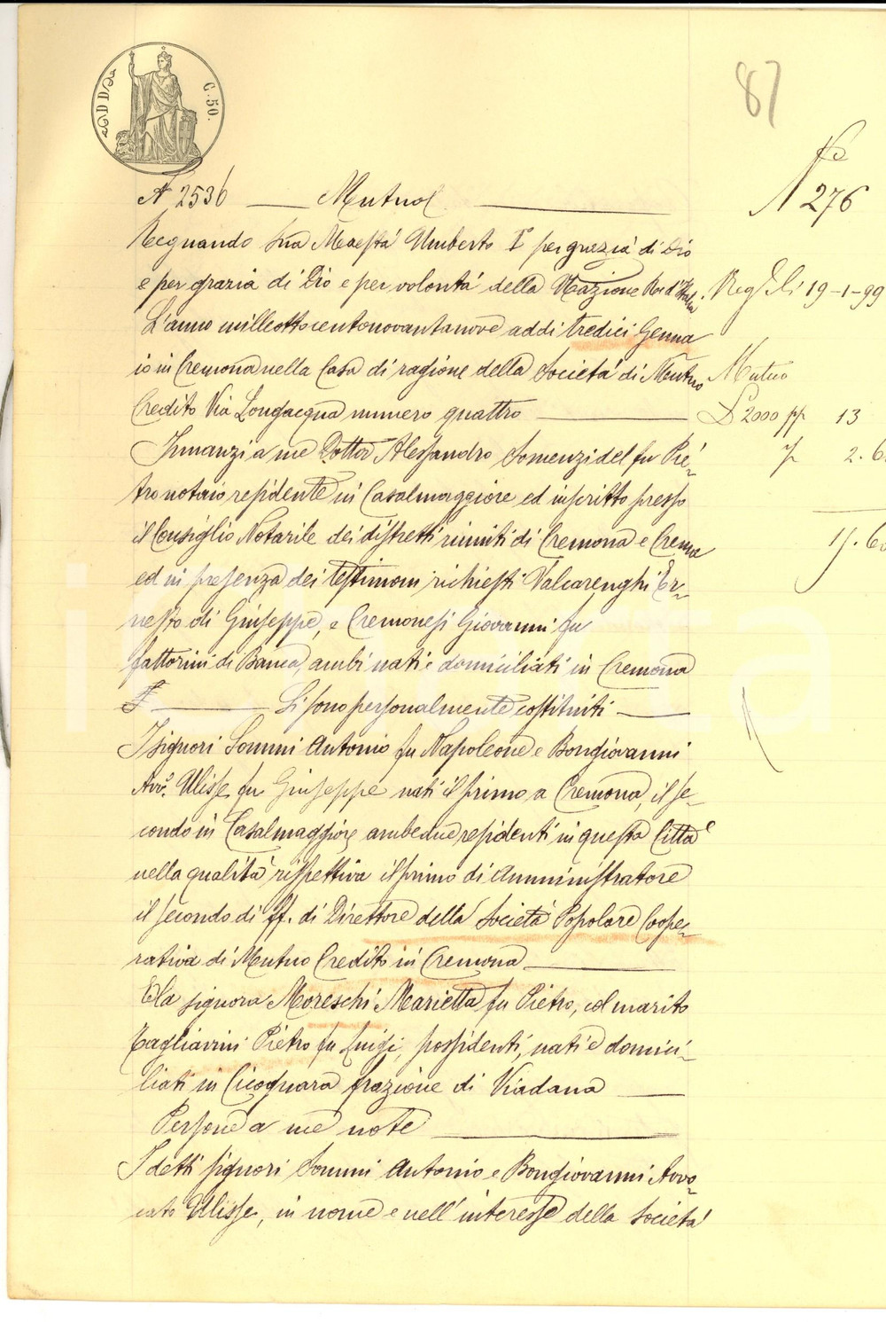 Documento originale, autentico 1899 CREMONA Prestito SocietÃ  Popolare Cooperativa a Marietta MORESCHI 1
