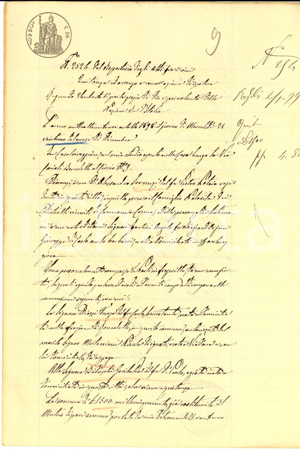 Documento originale, autentico 1898 CASALMAGGIORE Quietanza Garibalda BEDUSCHI pro Teresa DIAZZI Manoscritto 1