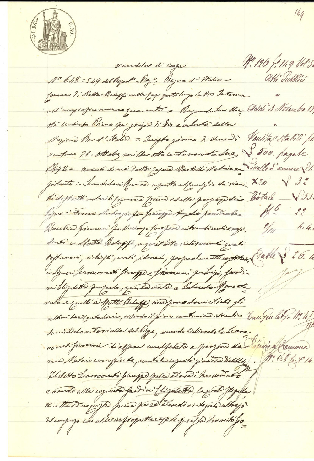 Documento originale, autentico 1892 MOTTA BALUFFI Fratelli SCARAVONATI vendono casa a Elisabetta GARDINI 1