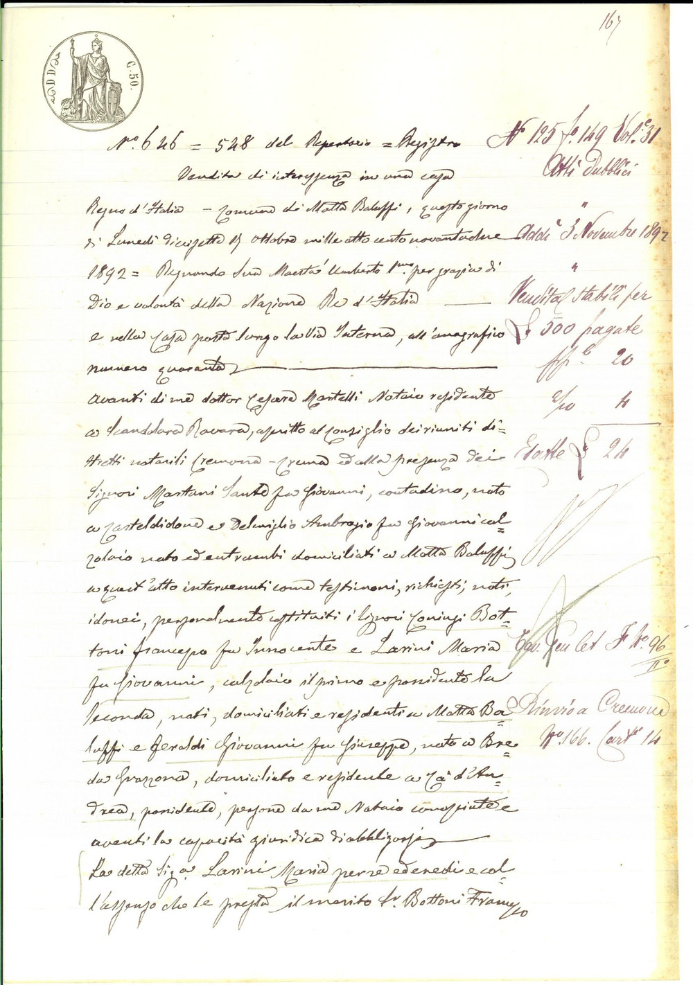 Documento originale, autentico 1892 MOTTA BALUFFI CR Maria LARINI vende a Giovanni FEROLDI casa con orto 1