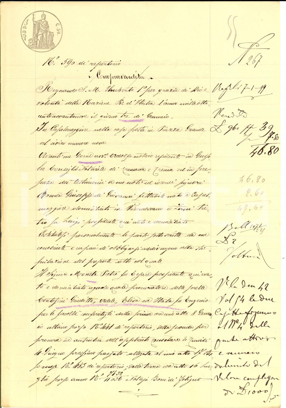 Documento originale, autentico 1899 STAFFOLO CR Sorelle CONTESINI vendono due casette con terra a Pietro LODI 1