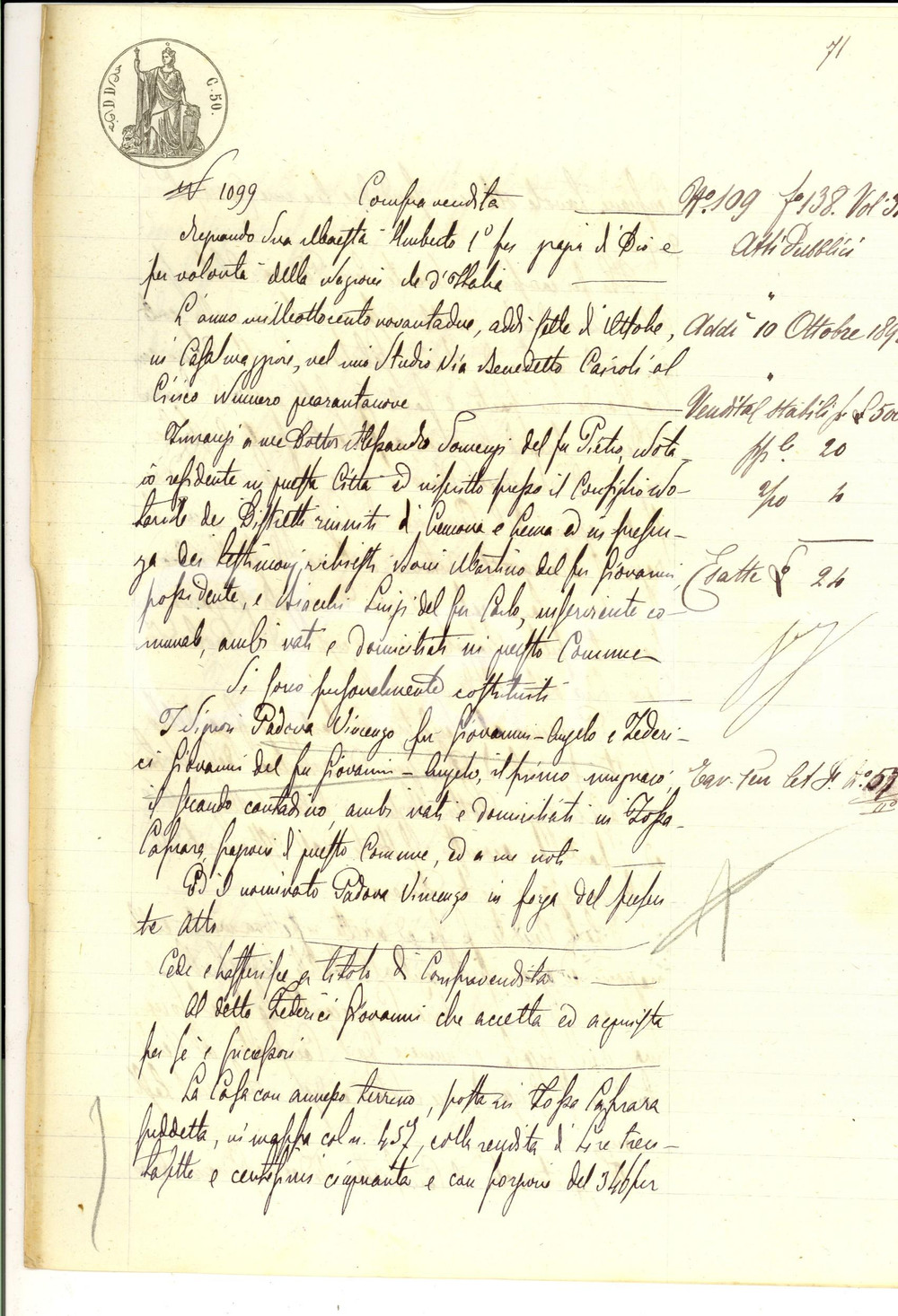 Documento originale, autentico 1892 FOSSACAPRARA Vincenzo PADOVA vende casa a Giovanni FEDERICI Manoscritto 1