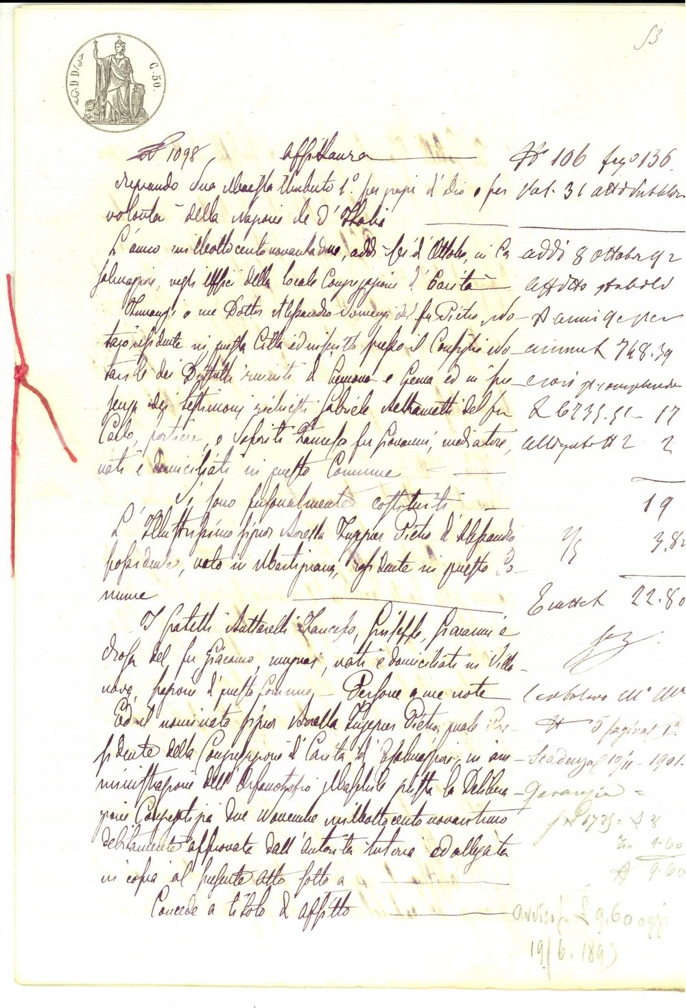 Documento originale, autentico 1892 VILLANOVA CR Fratelli BUTTARELLI affittano podere con casa Manoscritto 1