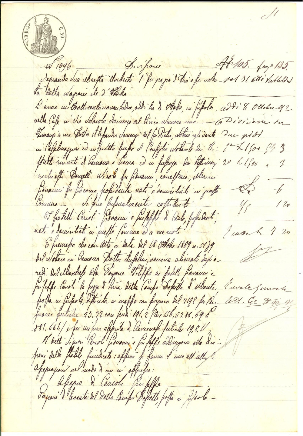 Documento originale, autentico 1892 GUSSOLA CR Divisione campo DOSSETTO fratelli Giovanni e Giuseppe CERIOLI 1