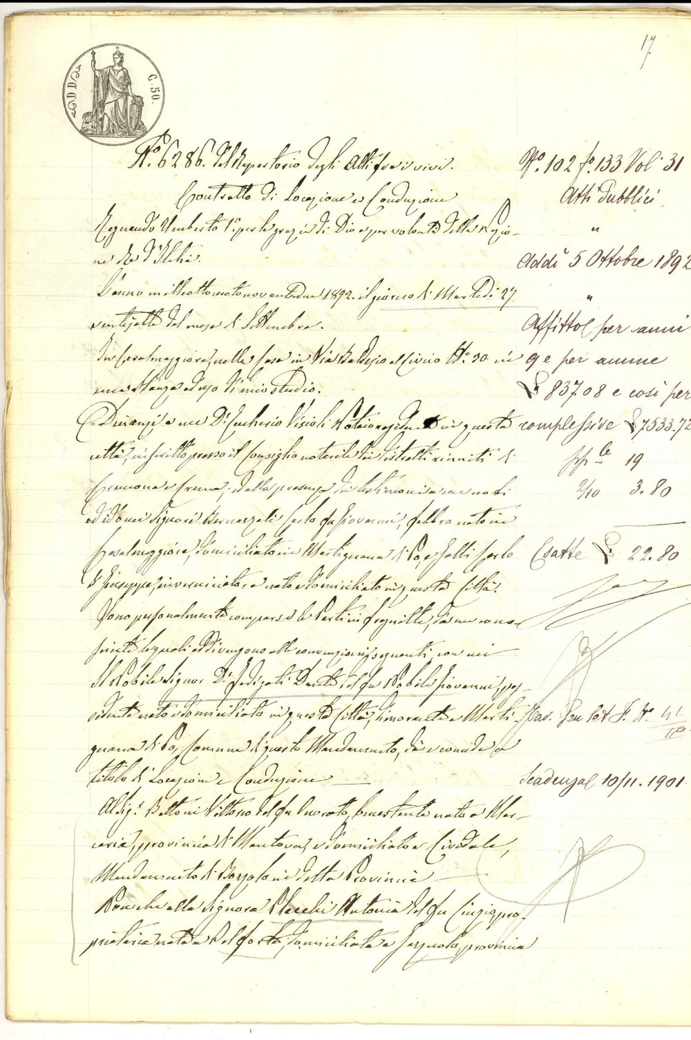 Documento originale, autentico 1892 CASALMAGGIORE Nobile Dante FADIGATI affitta terre a BETTONI e PLECCHI 1