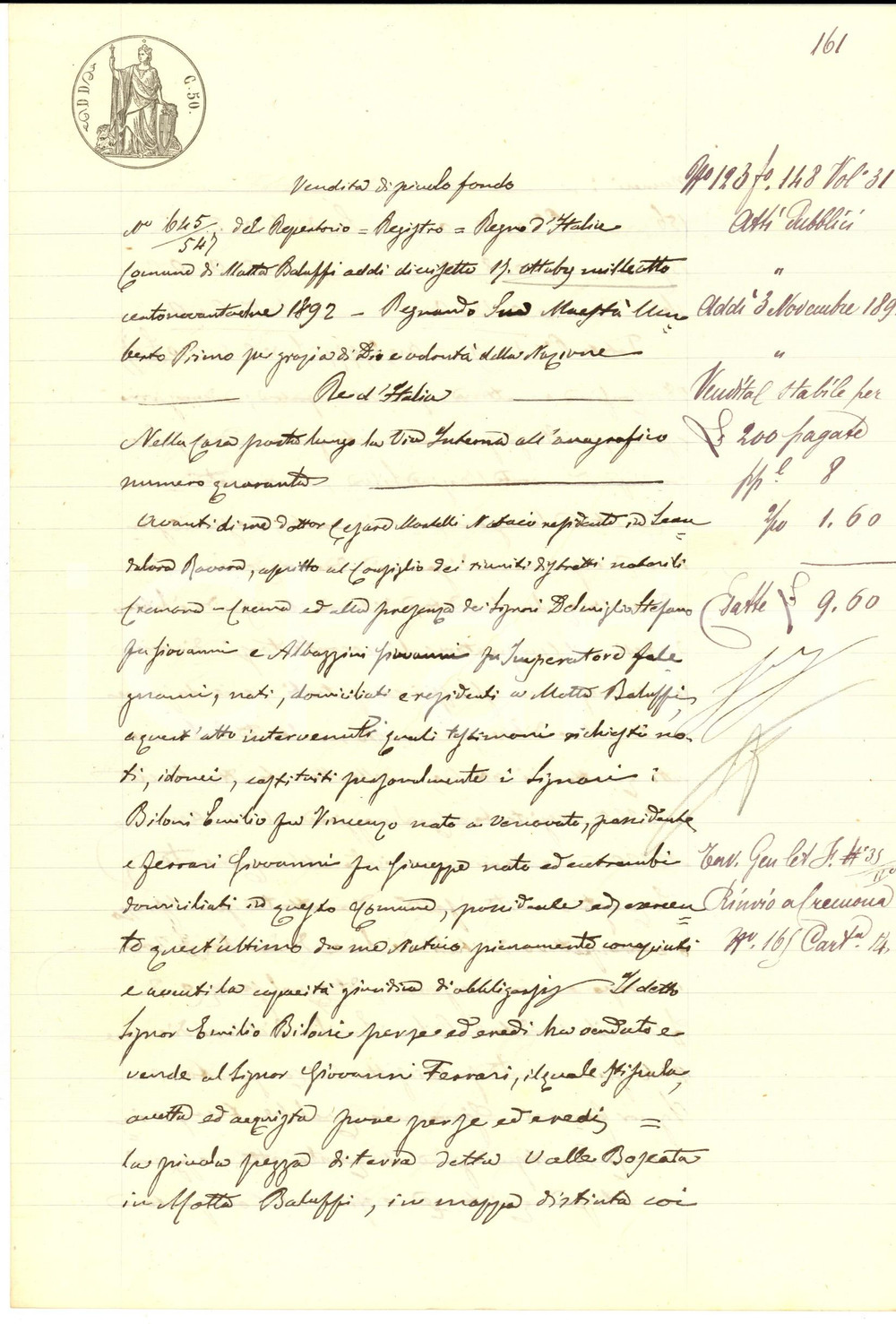 Documento originale, autentico 1892 MOTTA BALUFFI CR Emilio BILONI vende piccolo fondo a Giovanni FERRARI 1
